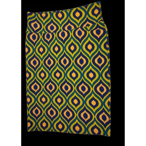 Lularoe Cassie Pencil Skirt Geometric Print Size Medium Stretch Yellow, Blue - Picture 1 of 10